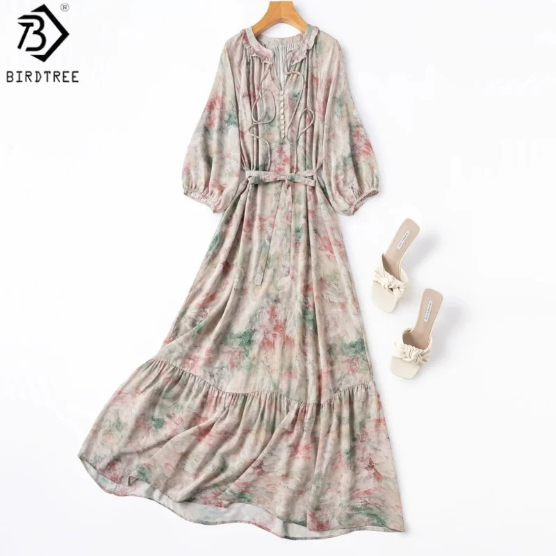 

BirdTree, 100% Real Silk Print Dress, Lantern Sleeve Ruffle Neck, Women Double Crepe Loose Dresses, 2026 Summer New D65014JF