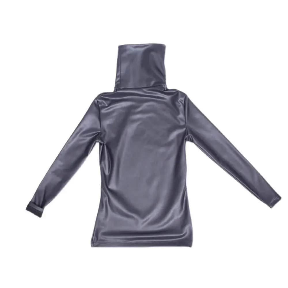 High Neck Long  Sleeve Men's T-shirts PU Leather Tops Elastic Shaping Oil Shiny Man Nightclub Stage Dance Slimming T-shirts Tops