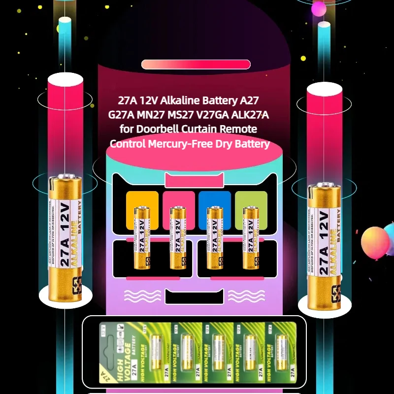

27A 12V Alkaline Battery A27 G27A MN27 MS27 V27GA ALK27A for Doorbell Curtain Remote Control Mercury-Free Dry Battery
