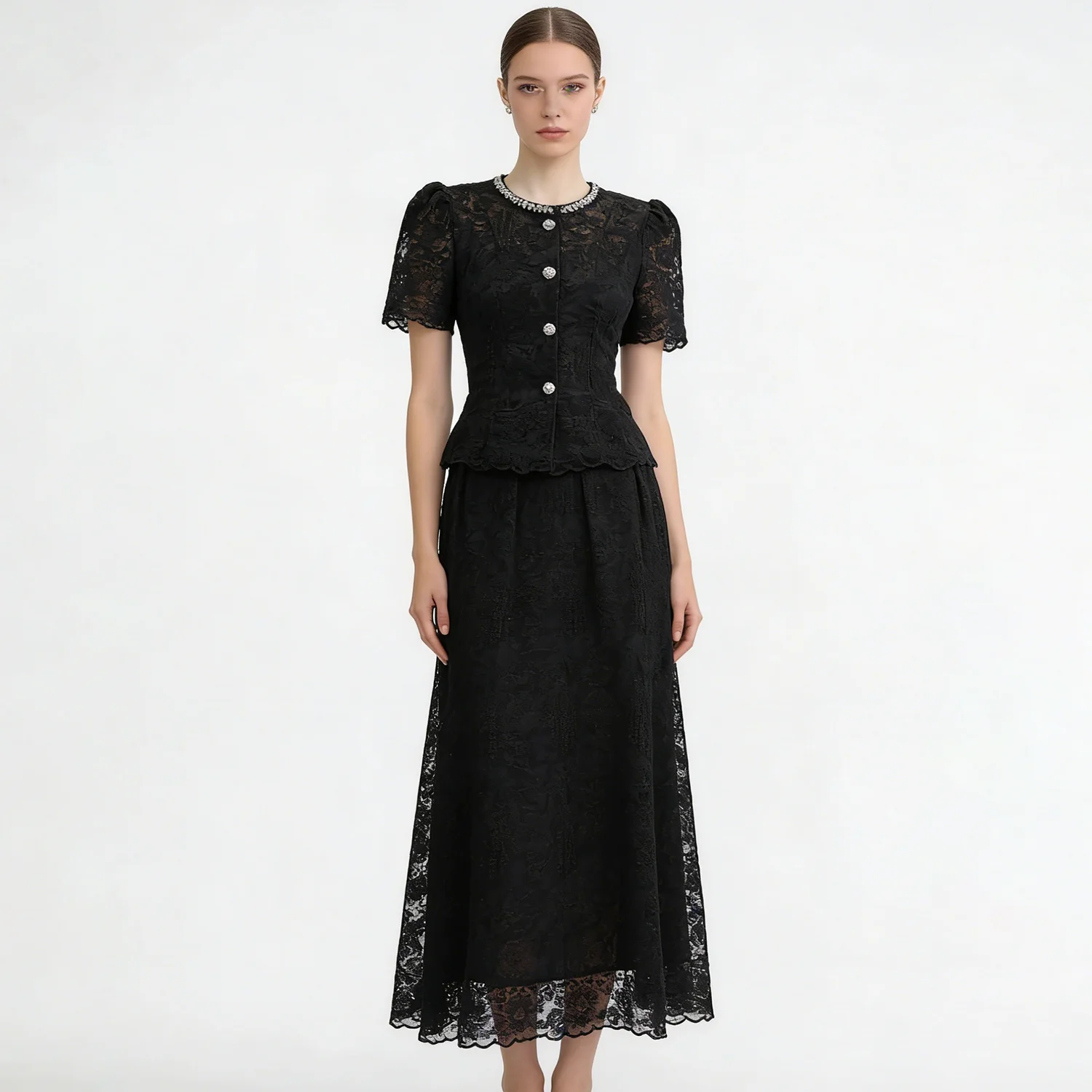 LIMO 2026 Hot Sale Women's Elegant Lace Two Piece Set Vintage Puff Sleeve Top + Long Skirt Formal Party Dress