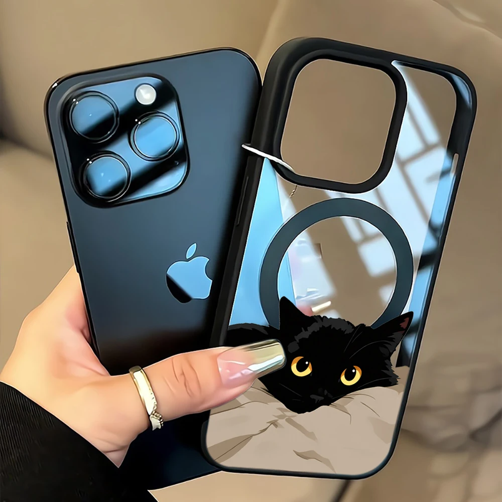 Niedliche Schwarze Katze Ästhetische Transparente Hülle für iPhone 17 16 11 12 15 Pro Max 13 14 Plus Hüllen für Magsafe Kabelloses Laden Drop Cover – Detail 9