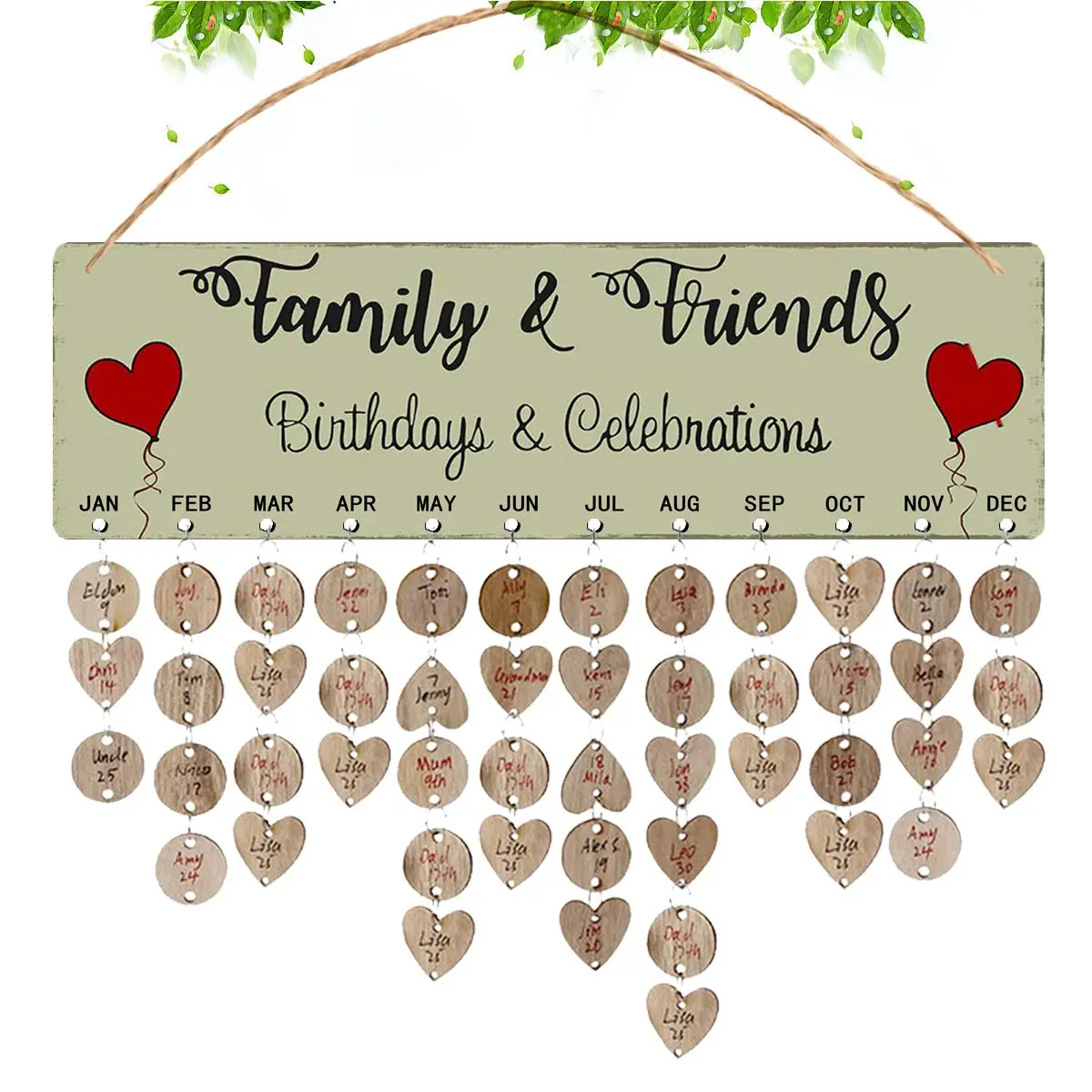 Houten Kalender Rond Hart Hangend Planner Board Verjaardagsherinnering DIY String Home Decoratieve Kennisgeving Bureauaccessoire