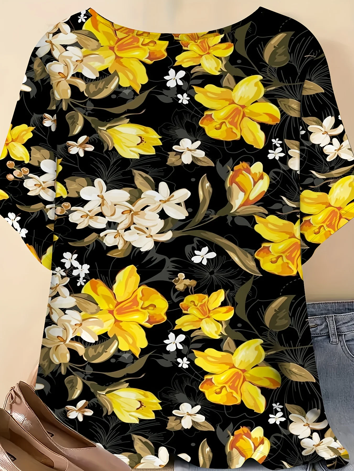 Women Crew Neck Mid Sleeve Top Black Background Yellow Lily Floral Print Loose Breathable Elegant Casual Summer Daily Blouse