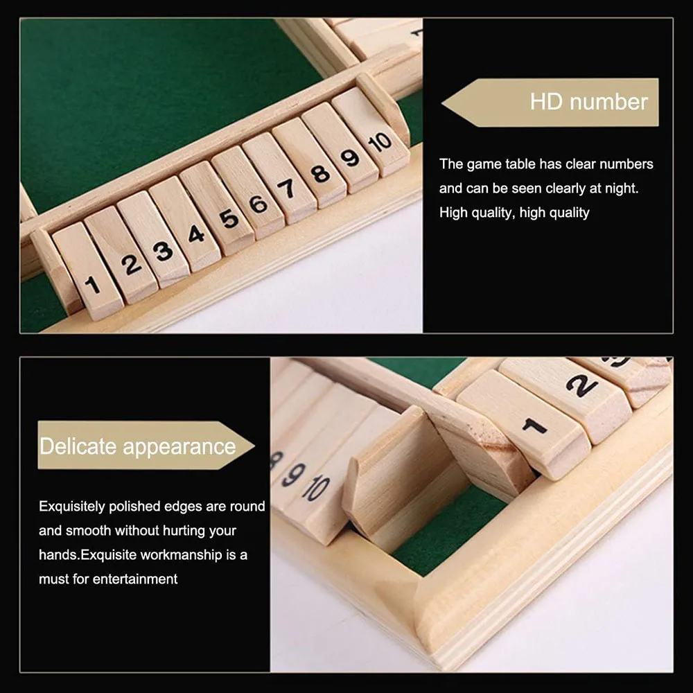 Shut The Box Dice Game Classic 4 Sided Wooden Board Game Flip 10 Numbers Classic Tabletop Party Entertainment Games