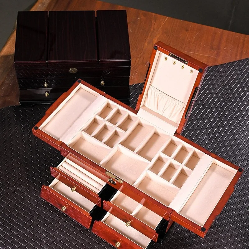 Solid Wood Jewelry Box Retro Necklace Bracelets Storage Box Woman Large Jewellery Boxes with Lock Household Organizer Case