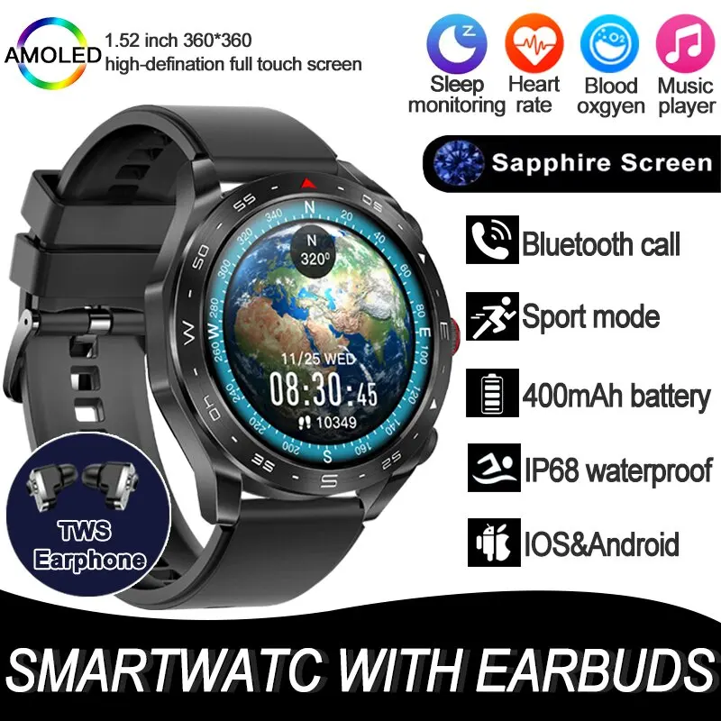 2024 New SmartWatch TWS Headset Two In One Wireless Bluetooth Dual Earbuds Call NFC Access Key Music Earphone Smartwatch for men