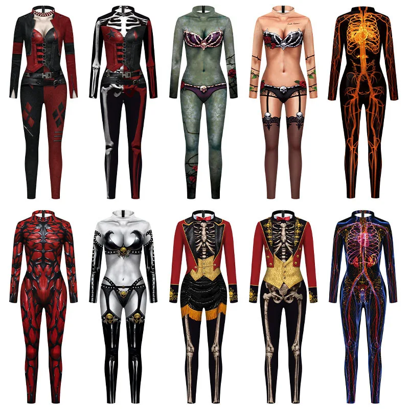 Halloween Cosplay Costume Sexy Clothes Print Zentai Bodysuits Holiday Skeleton Jumpsuit Burningman Festival Outfit for Woman Man