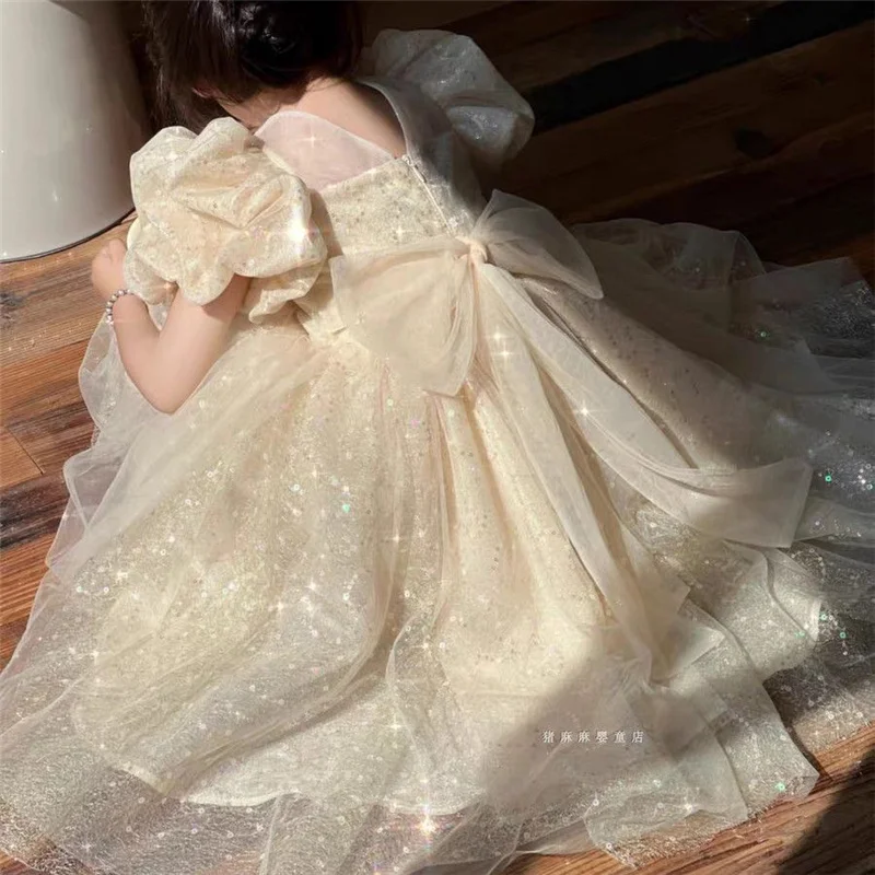 Girls Princess Long Dress Fashion Bow Sequin Puff Sleeve Tutu High End Formal Party Gown Ball New Style Children Evening Dress