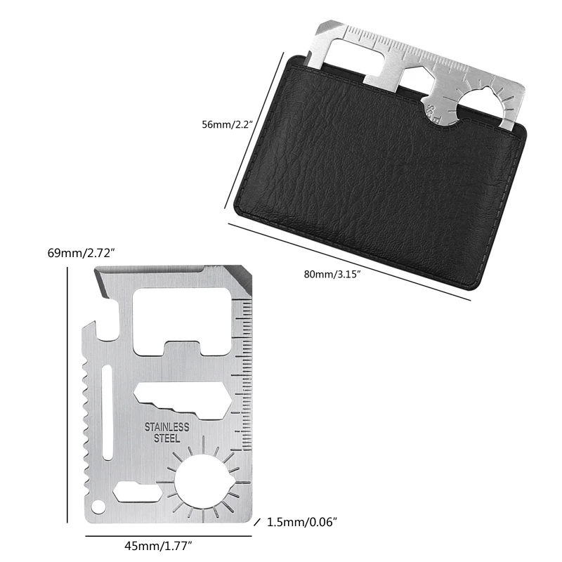 أداة جيب عملية للبقاء على قيد الحياة C63E 11 في 1 بطاقة المنقذة للحياة فتاحة للسكين من الفولاذ المقاوم للصدأ مع مقياس للتخييم