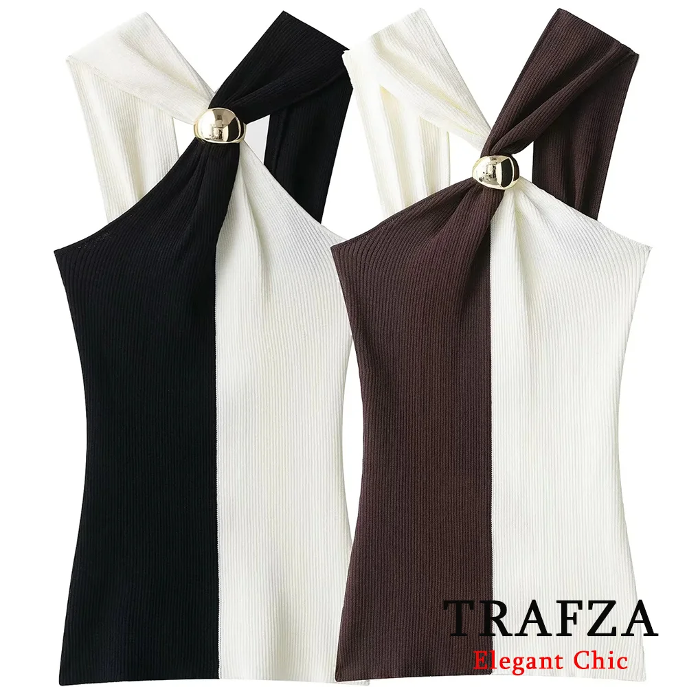 

TRAFZA Women Sexy Chic Halter Slim Sweater Patchwork Knittd Pullover Sweater New 2025 Fashion Summer Holiday Party Mujer Sweater