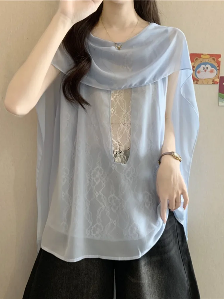 

Elegant Blue Lace Trim Sleeveless Chiffon Top Women Summer Hollow out Design Sense Blouse Korean Style Loose Fit Moisture Wic...