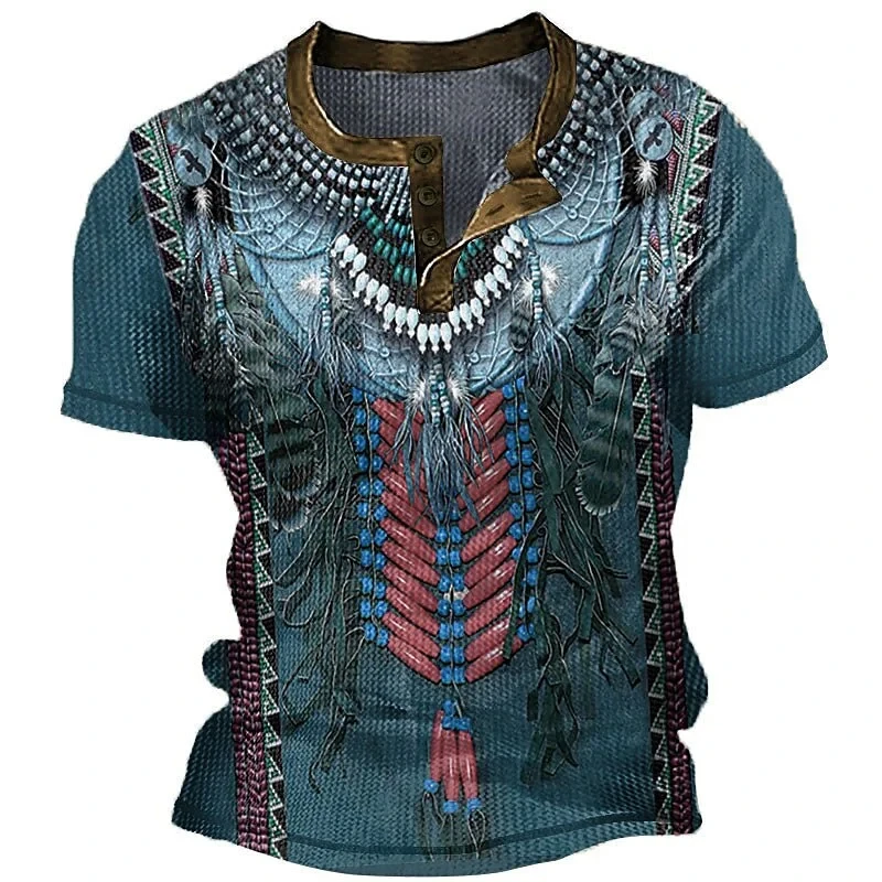 

2026 Henley Men's Ethnic Style Shirt 3D Printed Street Clothing Retro Button Short Sleeved S-6XL Camiseta Masculina