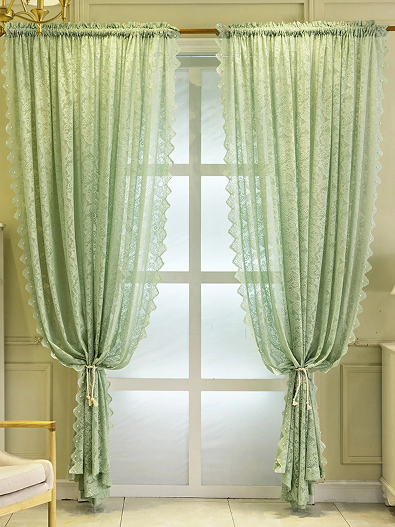 Green Small Fragrant Beading Similar To Living Room Bedroom Curtain Gauze Curtain 1PC French Retro High-end Partition Curtain