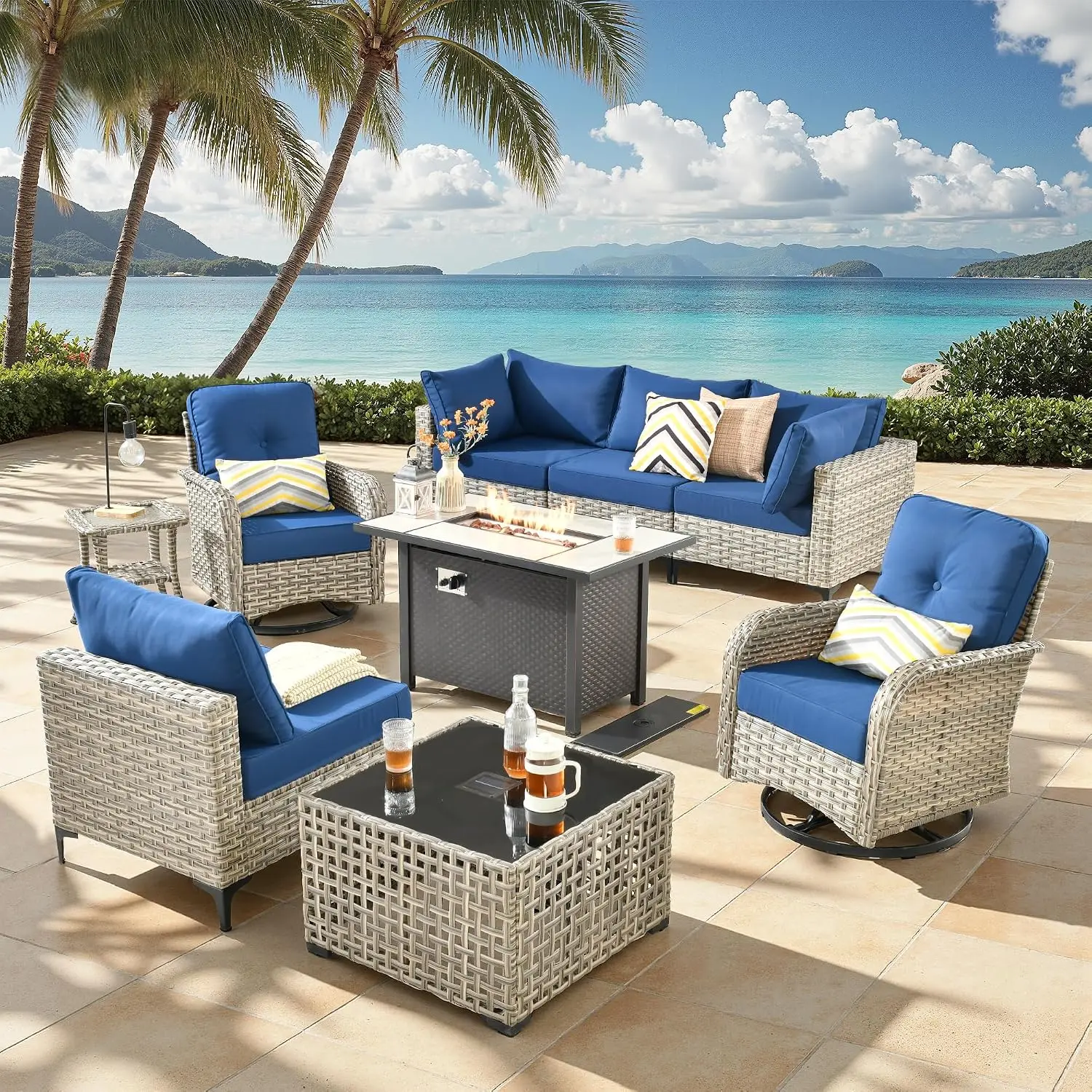9-Piece Outdoor Patio Furniture Set with Fire Pit Table, Outdoor Conversation Wicker Sofa with Swivel Chairs,, Customized