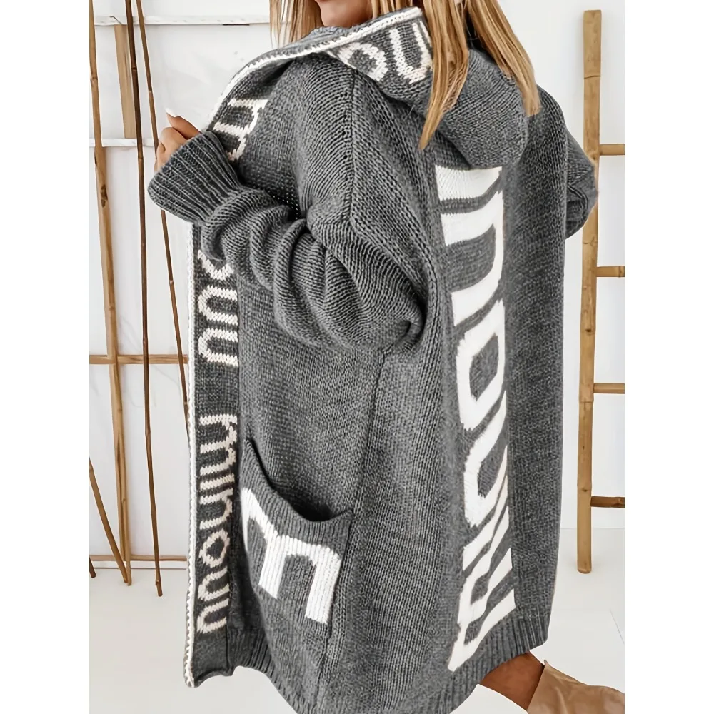 

Plus Size Casual Cardigan, Women's Plus Letter Print Long Sleeve Open Front High Stretch Long Hoodie Cardigan With Pockets