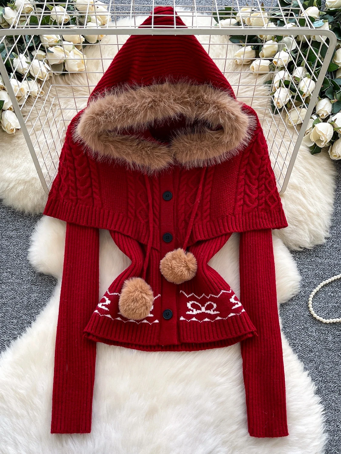 Christmas Atmosphere Plush Hooded Knitted Cardigan Women's Autumn Winter Loose Fit Long Sleeve Warm Sweater Korean Style