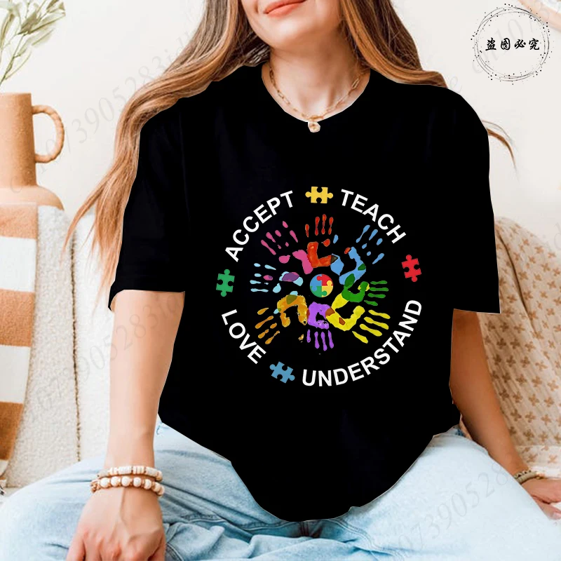 Women's Autism Awareness T-shirts Accept Teach Love Understand Slogan Colorful Handprint Puzzle Graphic Tops Female Clothing