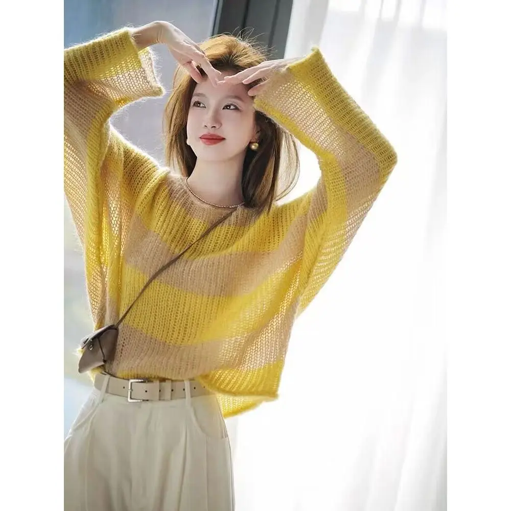 Suéter amarelo oco de malha feminino e conjunto de calças largas, nova moda, outono e inverno, conjunto 2 peças