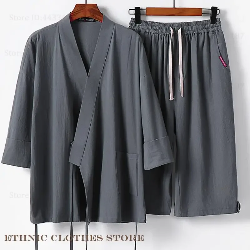 

Cotton Linen Hanfu Suit Streetwear Yukata Haori Set Plus Size 8XL 9XL Men's Kimono Cardigan Harajuku Samurai Costume Bathrobe