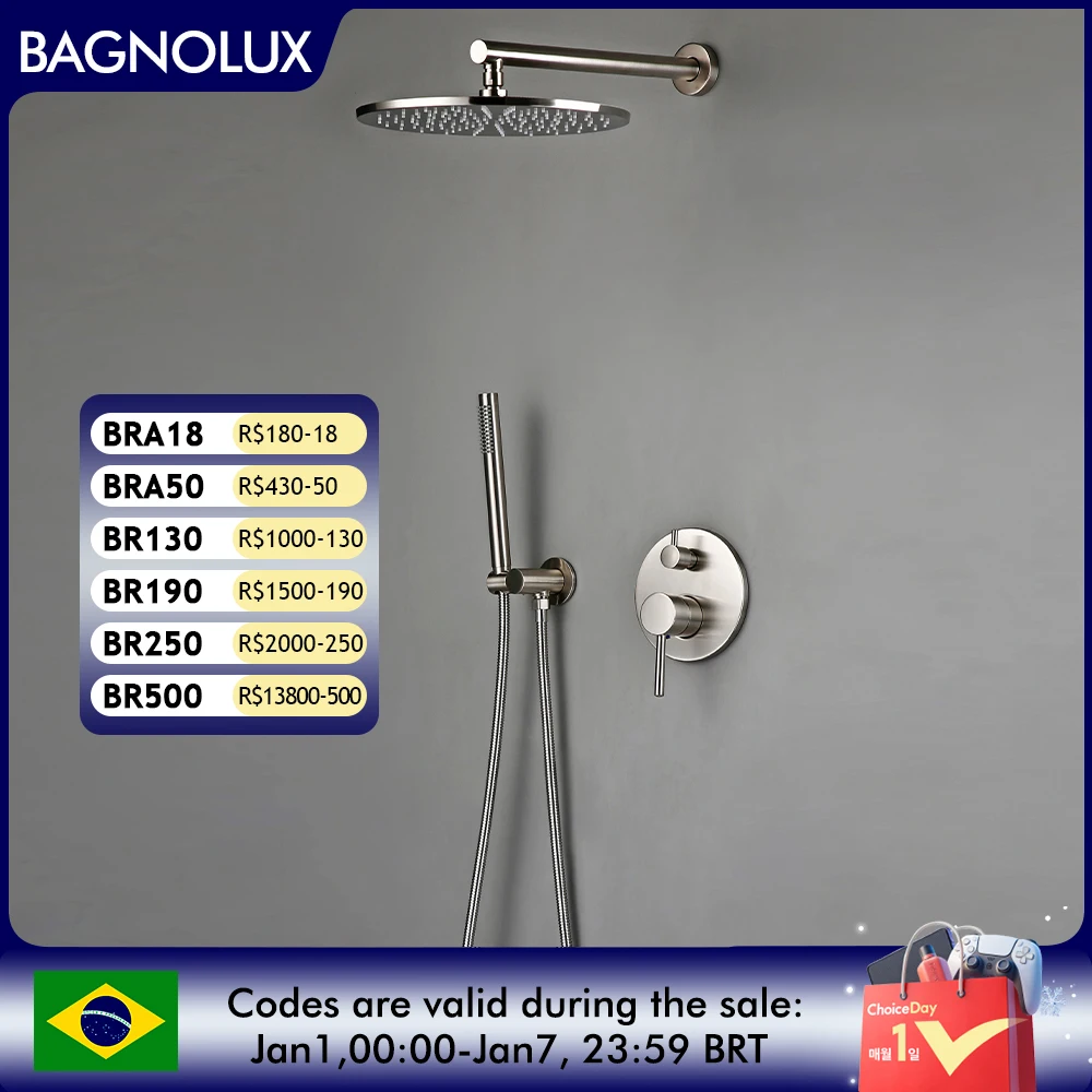 Bagnolux Shower Set Brass Drawing Concealed Wall Hanging Top Head And Hand Curtain Two Functions Hot Cold Mixing Bathroom Faucet