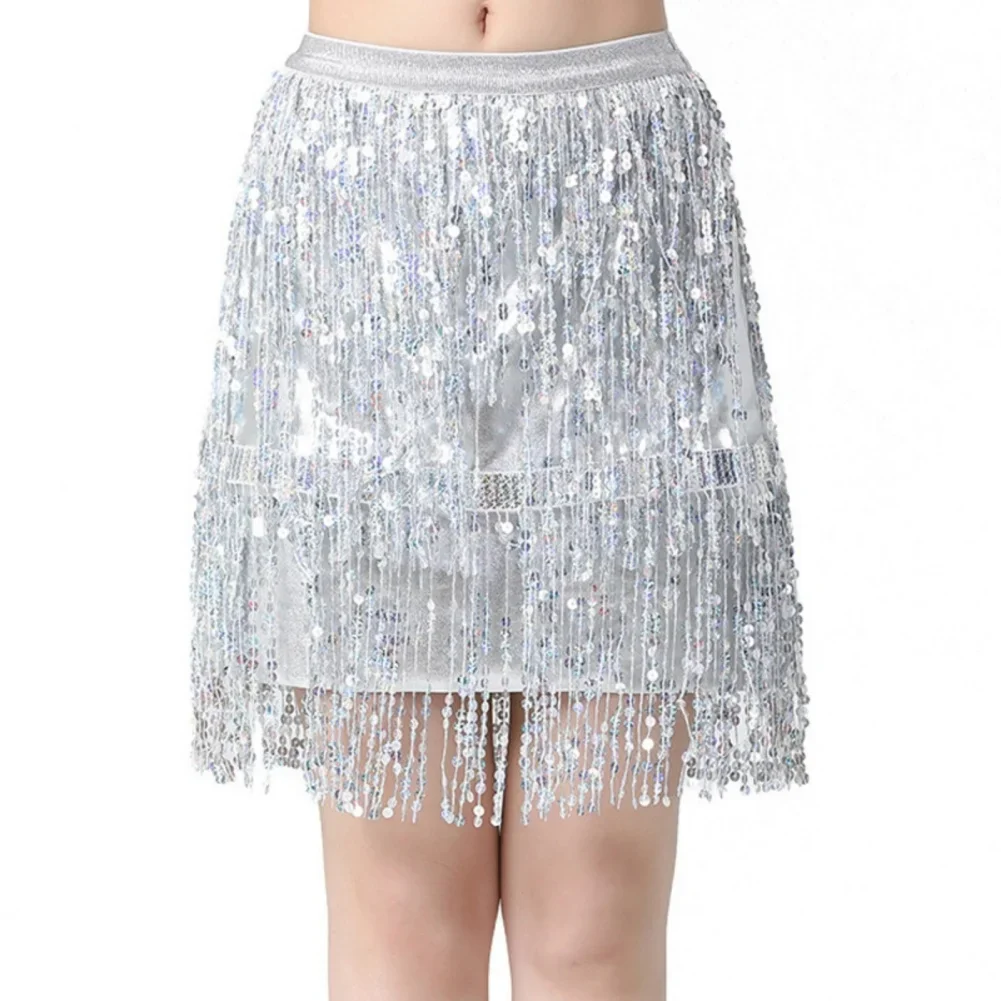 Elegant Latin Belly Dance Sequins Tassel Skirts For Women Mid-rise Solid Slimming India Dancewear Stage Performance Outfits