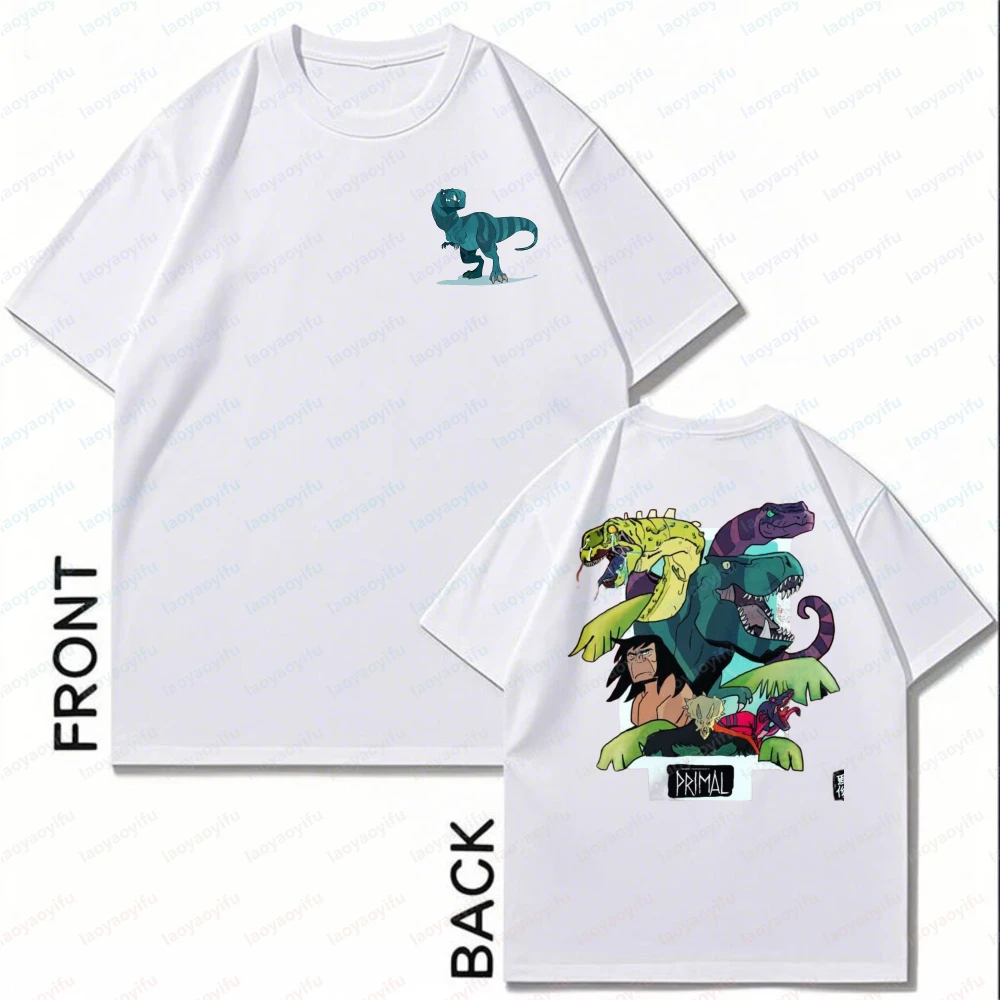 Vintage Primal Anime Cotton Tee Bold Prehistoric Beast Collage Graphic T-Shirt for Men's Adult Summer Trend Classic Streetwear