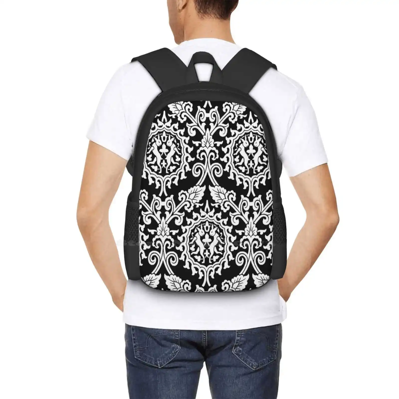 Black And White Vintage Fabric Pattern Pattern Design Bagpack School Bags Vintage Pattern Yellow And White Berries Vines