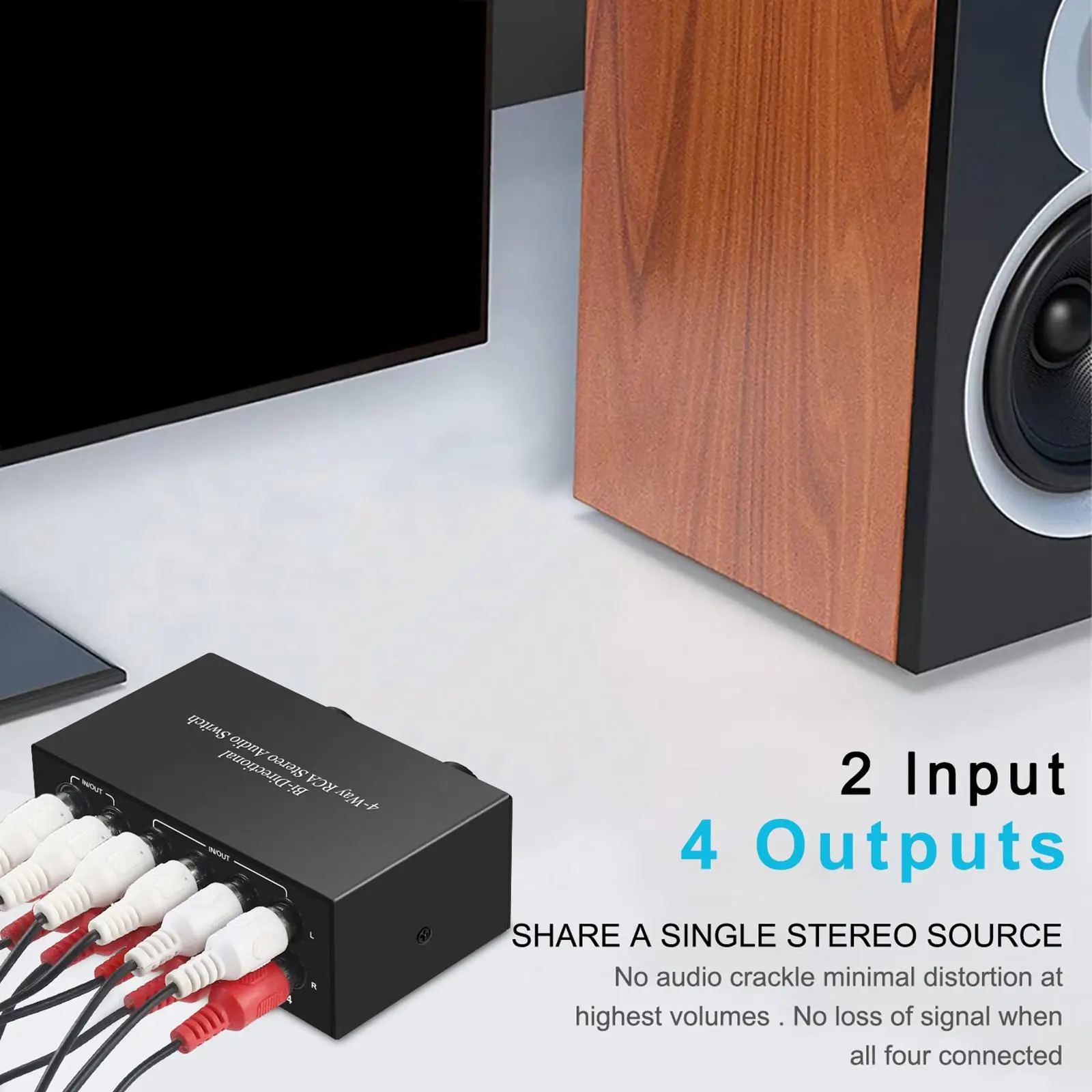 Portable Bi Directional 4 Way RCA Stereo Audio Switch Plug and Play Durable L/R