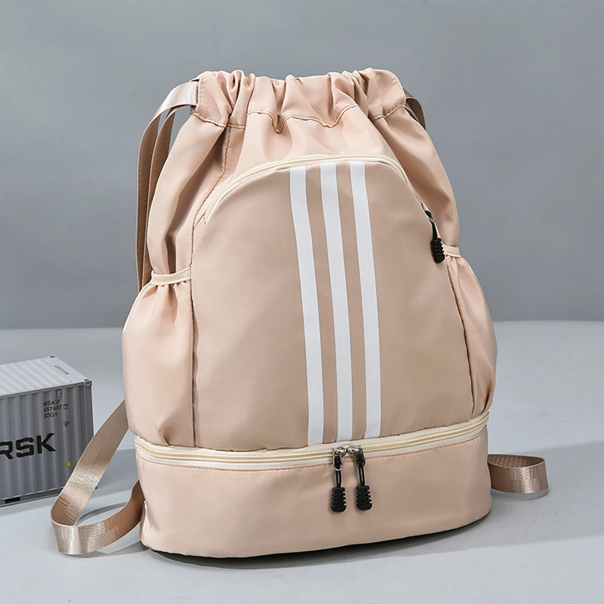 Sporty Travel Backpack Striped Oxford Drawstring Shoe Compartment Large Capacity Adjustable Straps Multi-Function Commute Bag