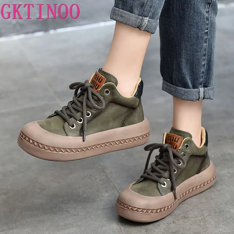 GKTINOO Thick Heel Boots High Top Sneakers Women Genuine Leather Flat Platform Round Toe Shoes Lace Up Soft Soles Short Boots