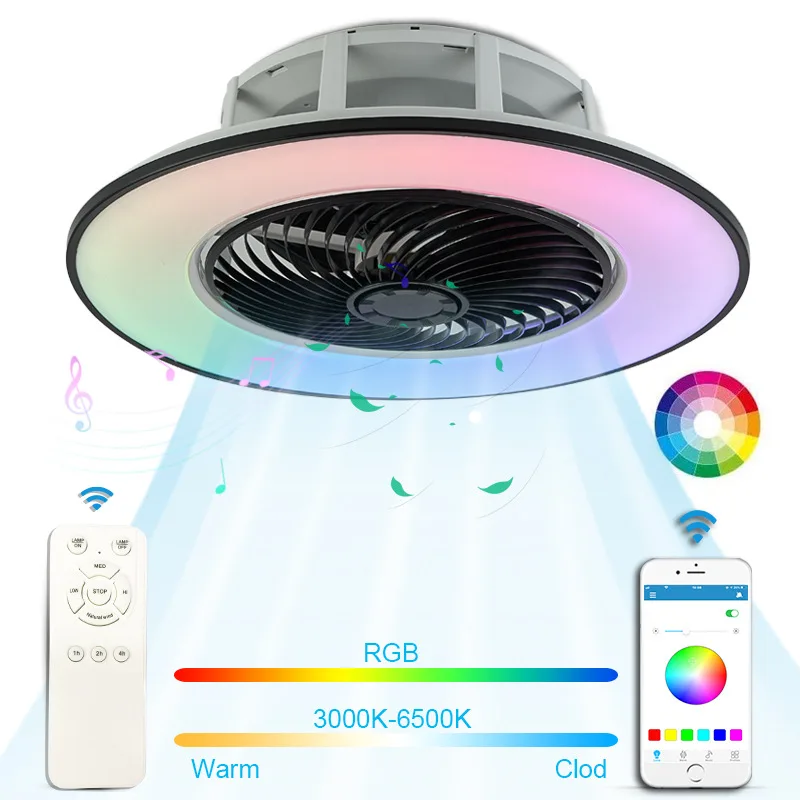 56CM Ceiling Fan LED Light Remote Control Chandelier Sealing Fan 3 Wind Speed Lamp Bluetooth Speaker For Home Room Decoration