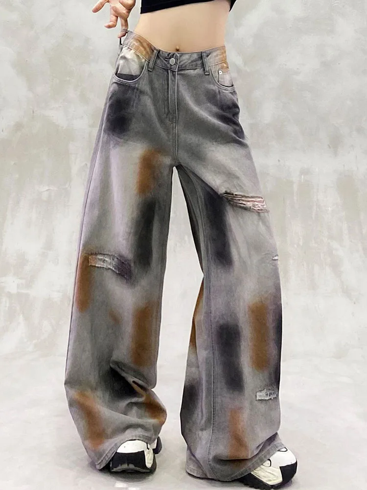 Jean déchiré délavé pour femmes, couleur bloquée, décontracté, taille haute, ample, amincissant, polyvalent, jambes droites, jambes larges, nouvelle collection été