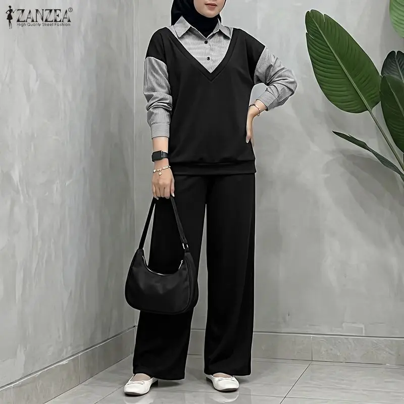 ZANZEA Women Casual Long Sleeve Stripe Patchwork Tops Shirt Elastic Waist Trousers Suit Autumn Outfits Muslim Matching Sets