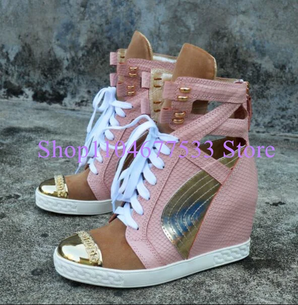 

Pink Color Leather Lady Wedge Shoes Sexy Metal Toe Decor Woman Increasing Short Boots Fashion 8cm Heel Height Pumps Casual Shoes