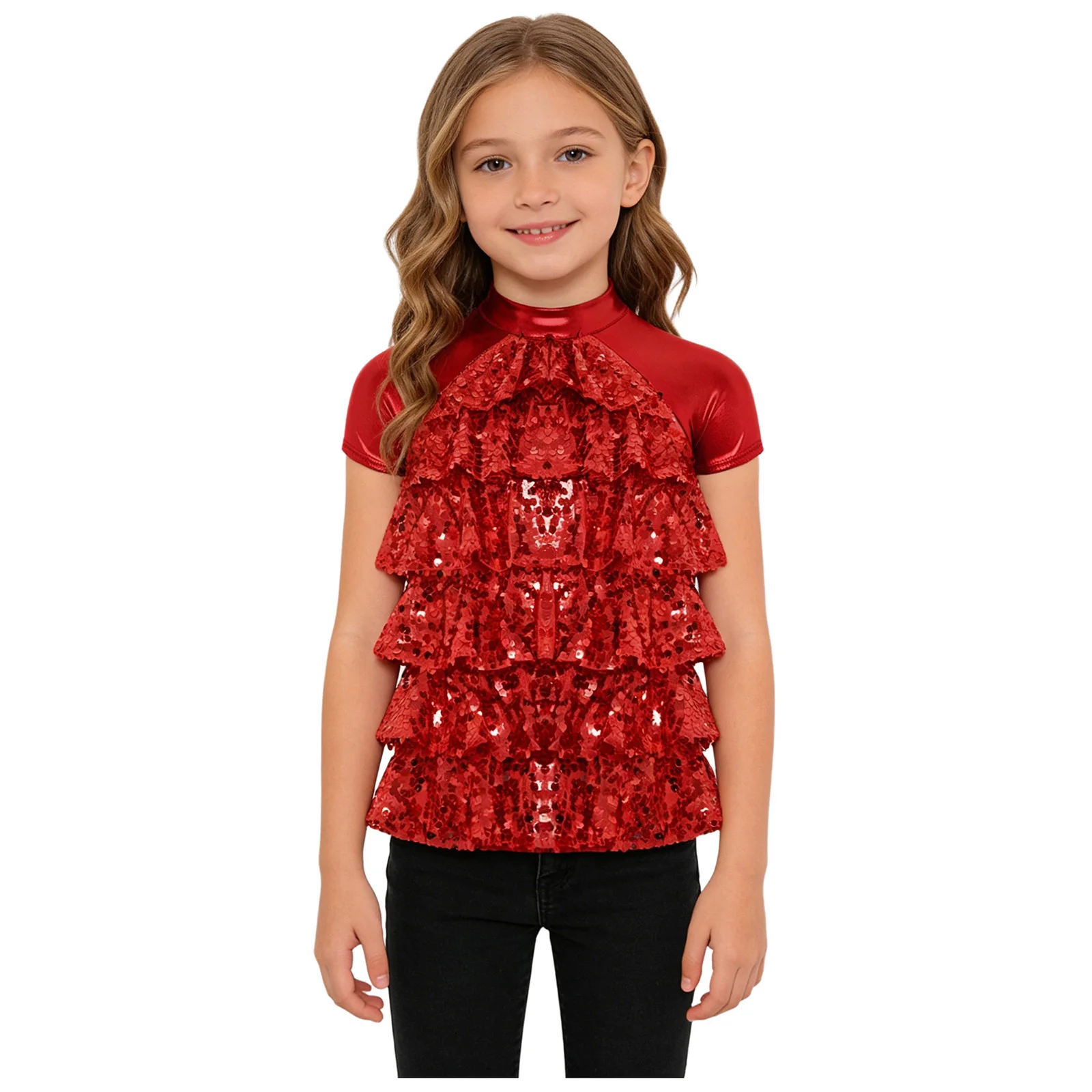 Kids Girls Metallic Jazz Dance Top Shiny Party Choir Cheerleader Performance Costume Short Sleeve Sequins Tiered Back Cut Shirts