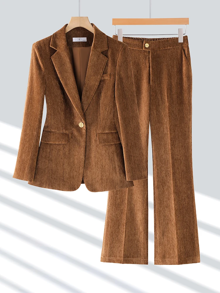 Fashion Red Yellow Brown Office Ladies Pant Suit Women Female Business Work Wear Jacket Blazer and Trouser Formal 2 Piece Set