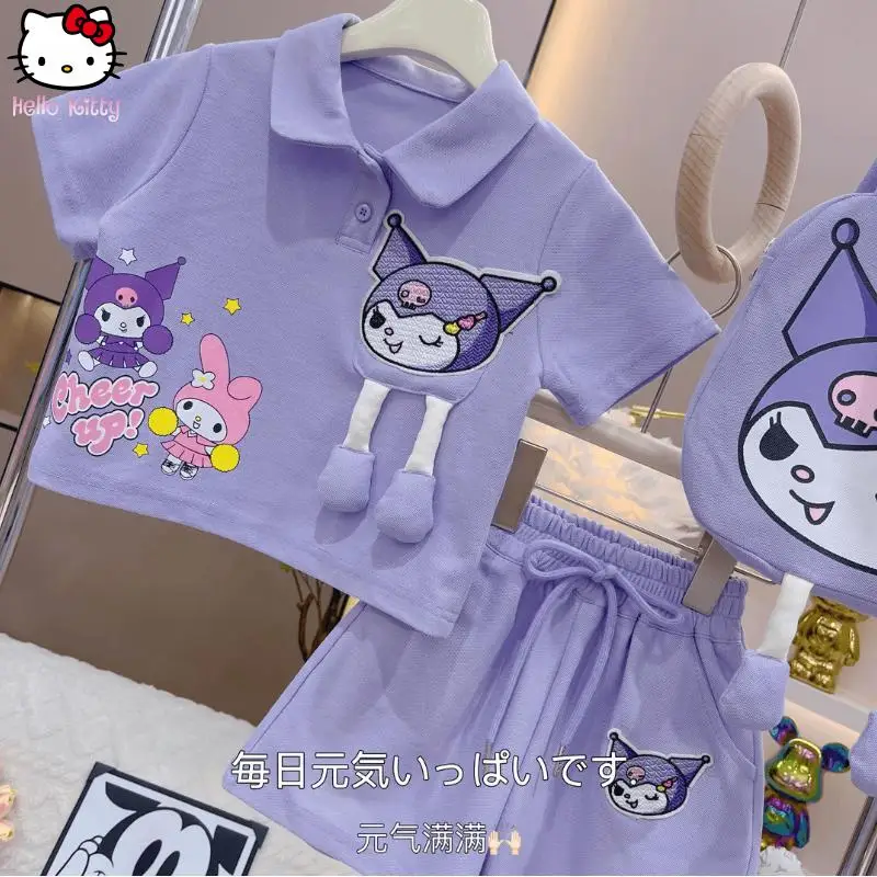 

Kuromi Girls Sports Suit Kawaii Cartoon Summer New Anime Shorts Lapel Short Sleeves Sanrio Sweet Breathable Sweat Absorbent Soft