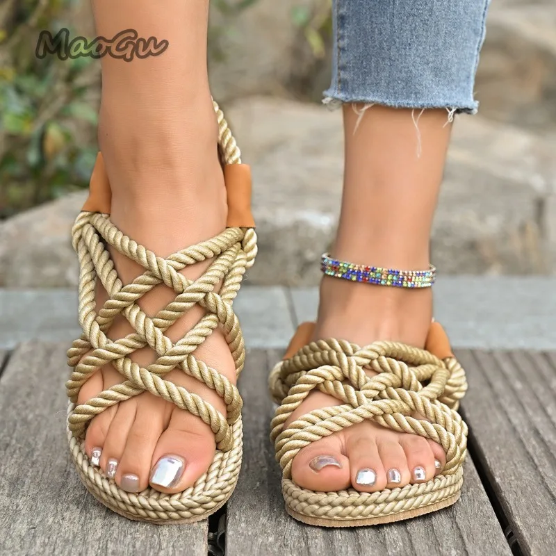 

Women's Braided Rope Flat Sandals Crisscross Strappy Espadrille Slingback Sandals Open Toe Bohemian Summer Beach Shoes for Women