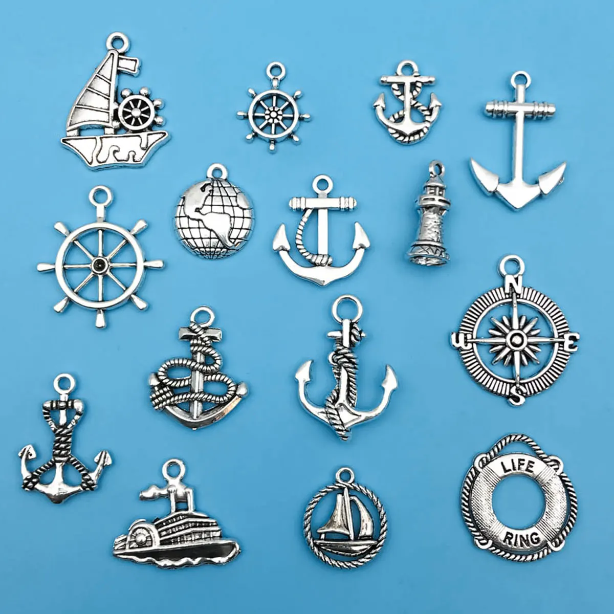 15Pcs Antique Silvery Anchor Rudder Boat Charms Compass Navigation Pendants For DIY Bracelet Supplies Jewelry Making Accessories