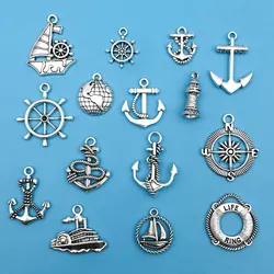 15Pcs Antique Silvery Anchor Rudder Boat Charms Compass Navigation Pendants For DIY Bracelet Supplies Jewelry Making Accessories