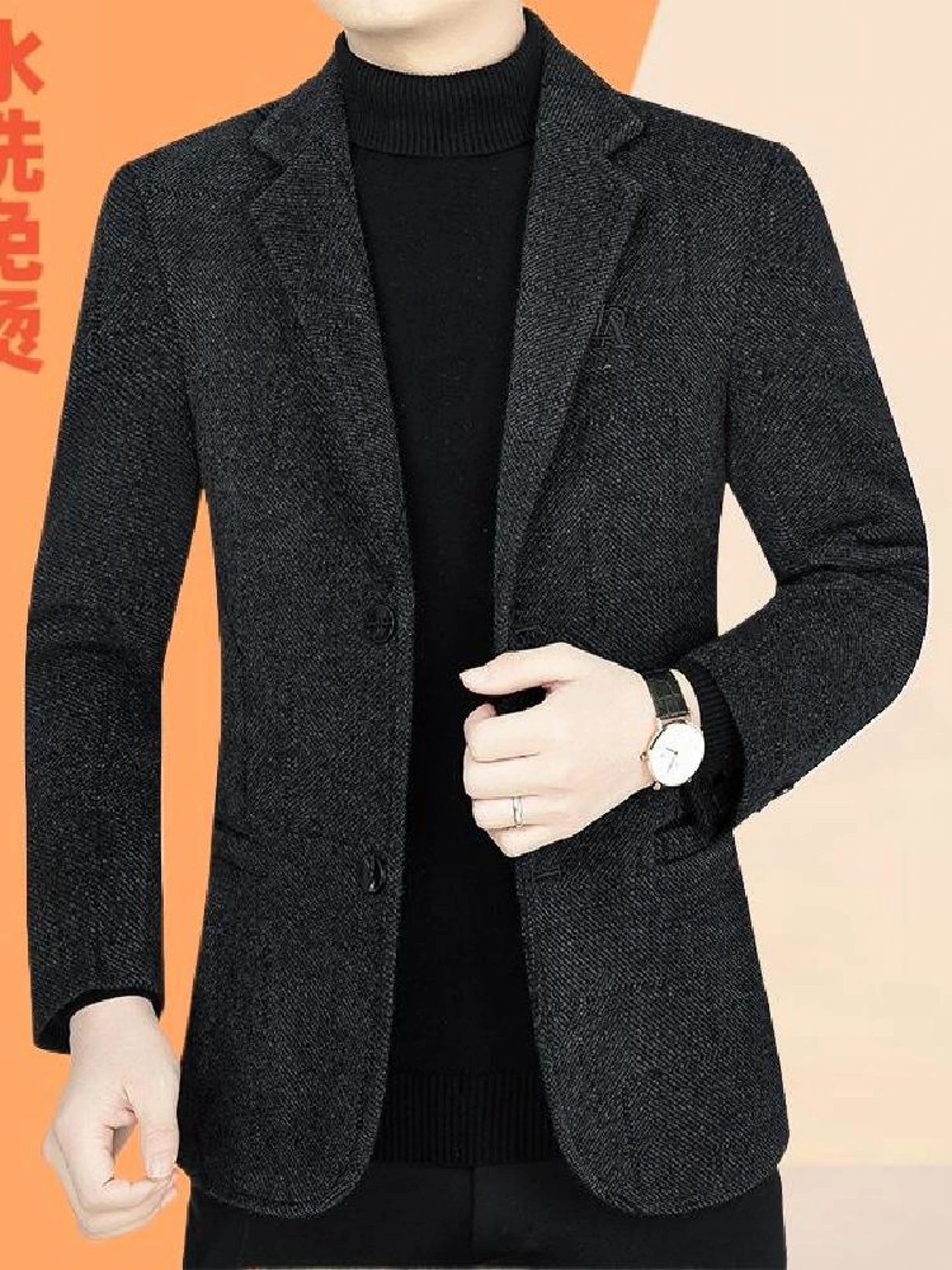 

Woolen Men's Suit Jaet Casual Midlife Dad Faion Busin Sle Long Sve Two Button Single Breasted Coat