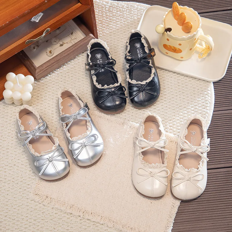 

Kids'Casual Shoes Fashion Solid Color PU Leather Bow Spring Flat Shoes For Children Anti-slip White Sliver Shoes Size 23-34