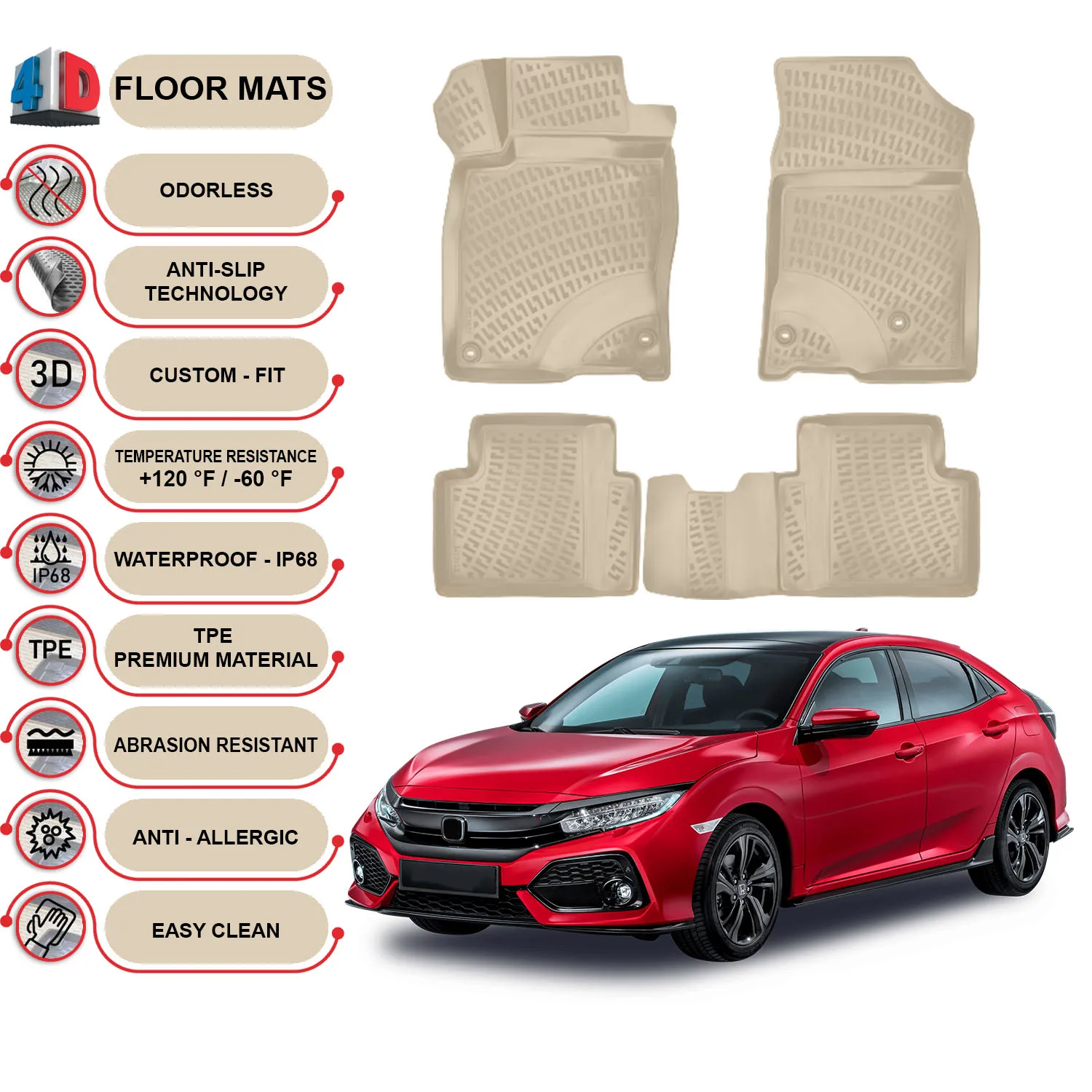 Honda Civic - (2016-2021) Floor Mats Liner Waterproof 3D - (Beige)