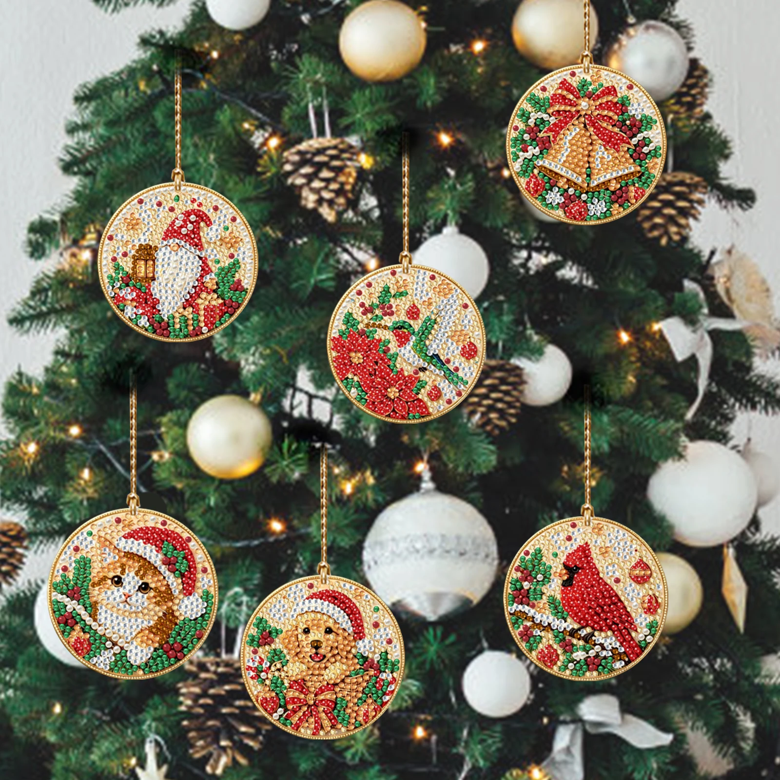 6pcs Round Wooden DIY Diamond Painting Christmas Ornaments Holiday Hanging Decor Craft Kit with Tools