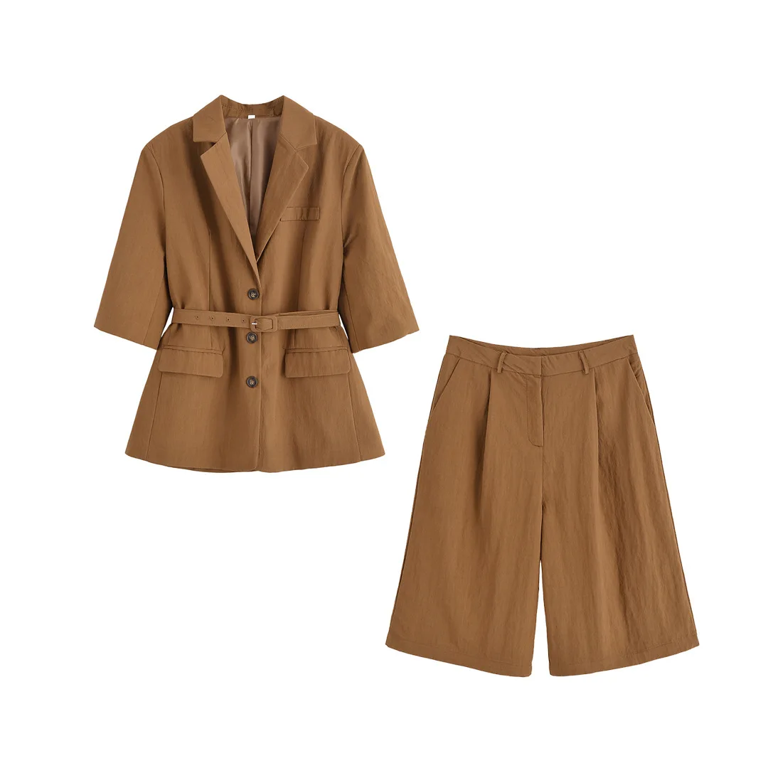 

2025 Women's Suit Casual Short Sets Women 2 Pieces Fashion Belt Short Blazer Coat + Short Pants New Two Piece Set Woman Outfit