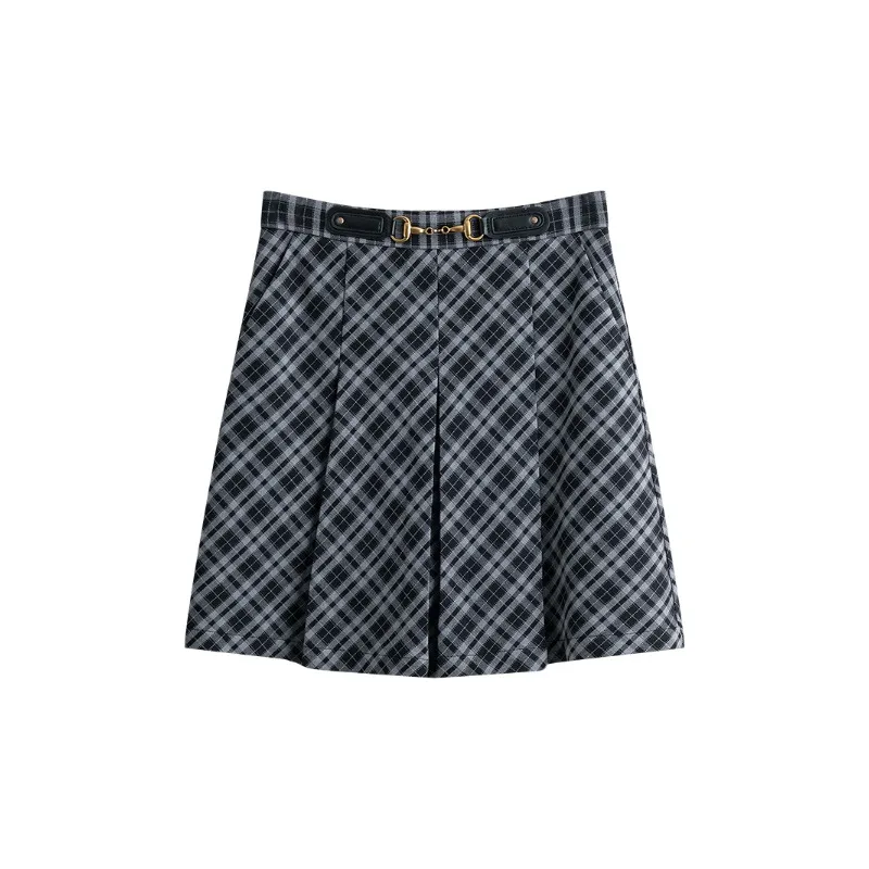 Jupe trapèze à carreaux Vintage pour femmes, Mini jupe plissée, Look Preppy mignon, coupe cintrée, Design à carreaux avec boucle en cuir contrastée