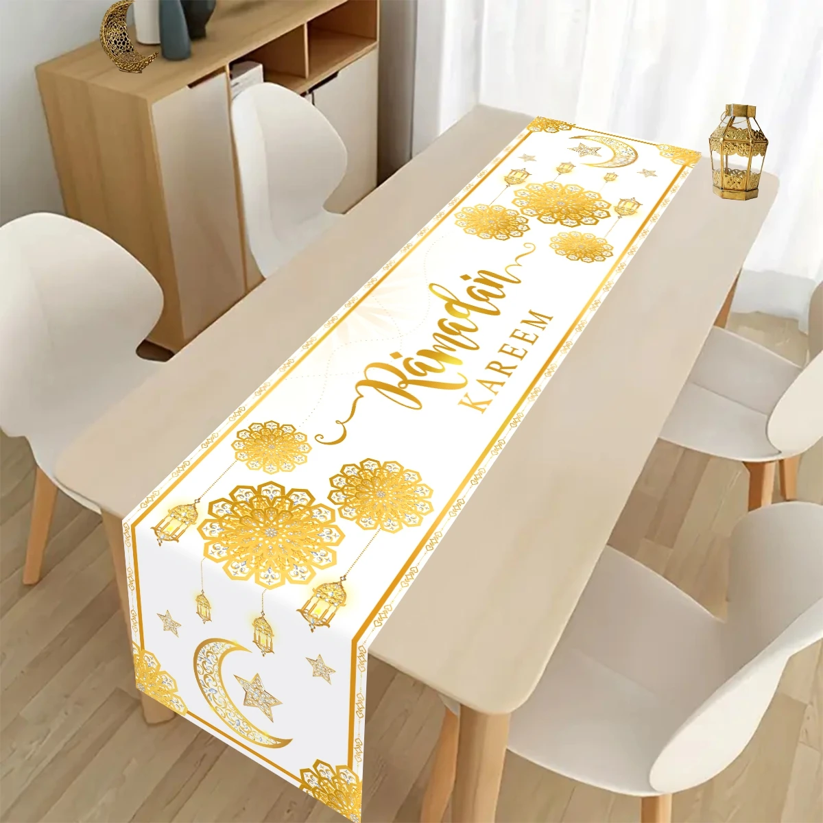 مفرش طاولة رمضان كريم من الذهب الأبيض ديكور رمضان للمنزل 2026 لوازم الحفلات الإسلامية هدايا عيد مبارك الأضحى