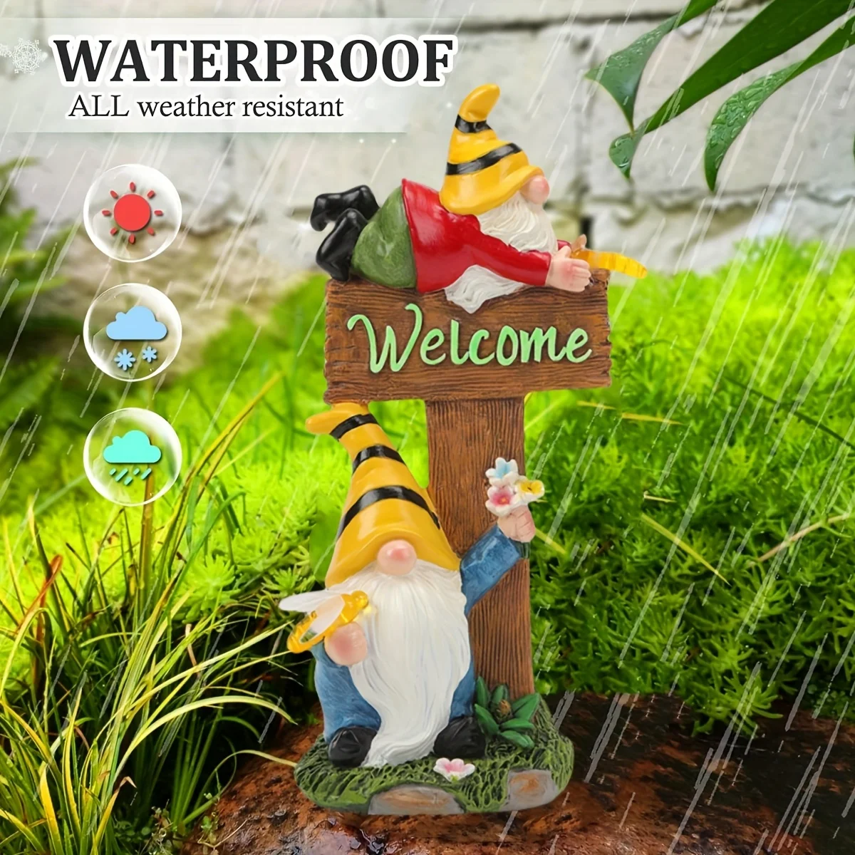 Solar Garden Gnomes Outdoor Statues, Dwarf Elf Bee Welcome Sign Solar Light Courtyard Resin Ornament, Resin Garden Gnome Decorative Statue Light, Garden Elf Welcome Sign Statue Light