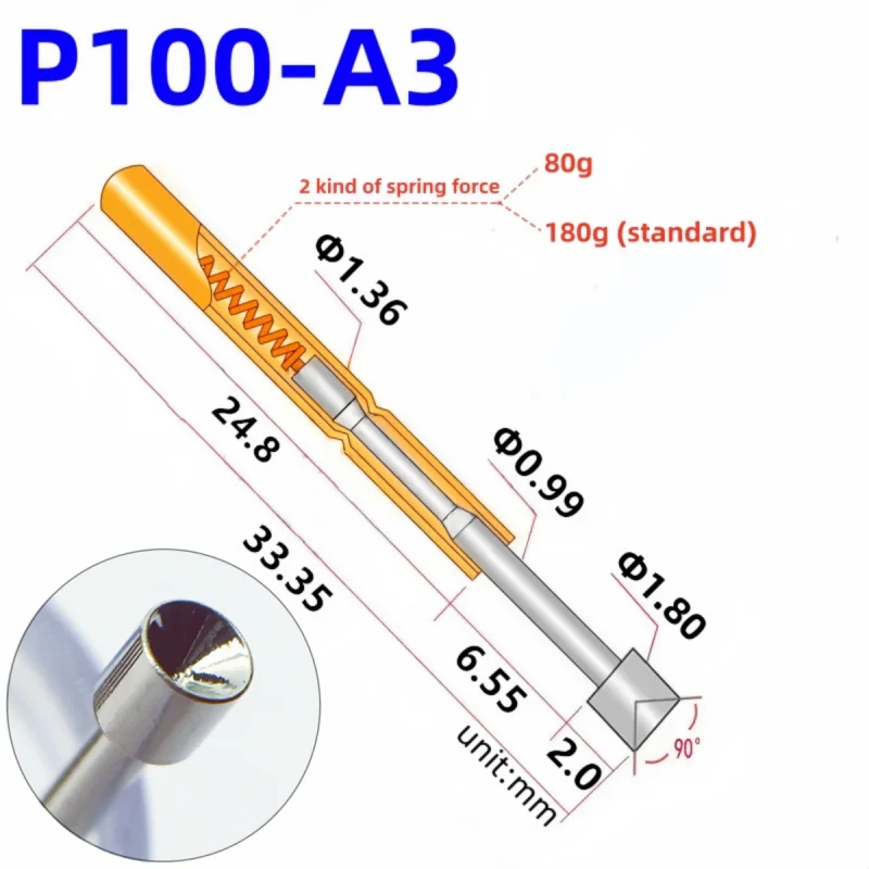 

20/100PCS P100-A3 Spring Test Probe P100-A Test Pin For PCB Test Circuit Board 33.35mm 1.36mm Nickel-Plated Head 1.80mm Pogo Pin