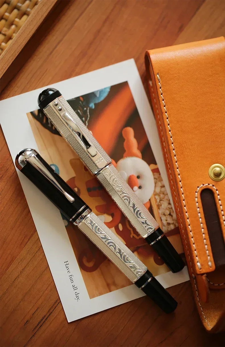 

New MAJOHN P138 Metal Fountain Pen Classical Piston Ink Absorbing No.6 Nib Octahedral Etching Pattern Silver Plated Writing Gfit